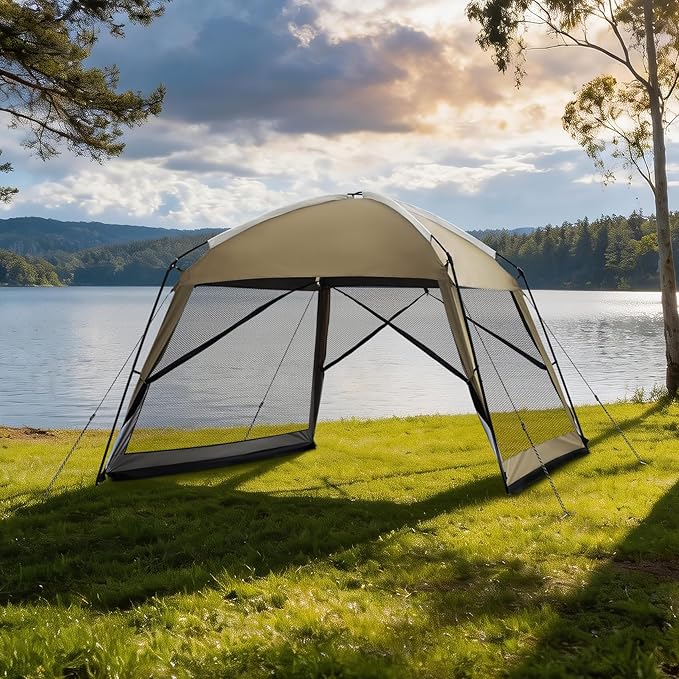 12 x 12 FT Camping Screen Tent for 8-10 Person, Easy Setup Screen House with UV 50+ Sun Protection & Mosquito Net for Camping, Backyard, Picnic, Patio Outdoor Kakhi