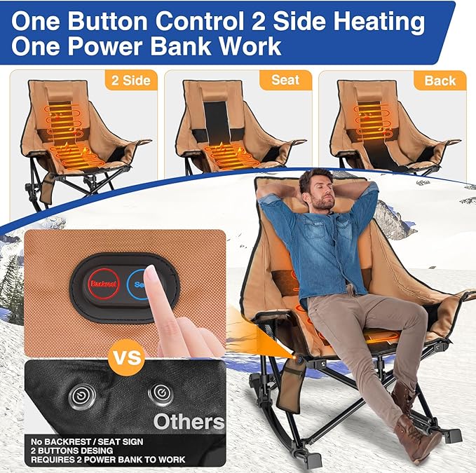Slendor Heated Rocking Chair, Oversized Heated Camping Chair w/ 3 Levels Heat for Back+Seat, Heated Rocking Camping Chair with 20000 mAh Power Bank, Pillow, Side Pocket, Padded, Carry Bag, Tawny