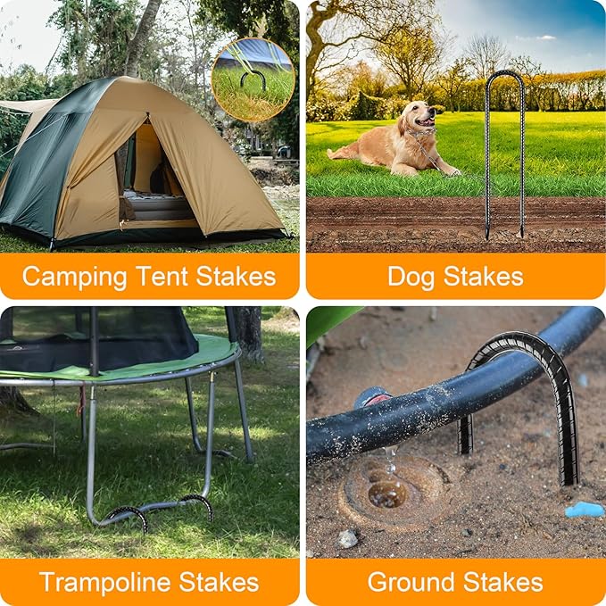 Rebar Stakes, 12 Inch 12 Pack Ground Stakes U Hook Heavy Duty Metal Steel Trampoline Anchors with Chisel Point for Trampoline High Wind Chicken Coop Accessories Fence Gardening Tent Dog