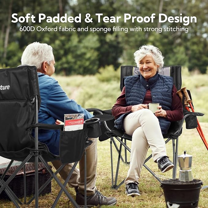 Folding Camping Chairs for Adults, Padded Folding Chairs for Outside Heavy Duty with Cup Holders & Side Pocket, Support up to 500 lbs, Black