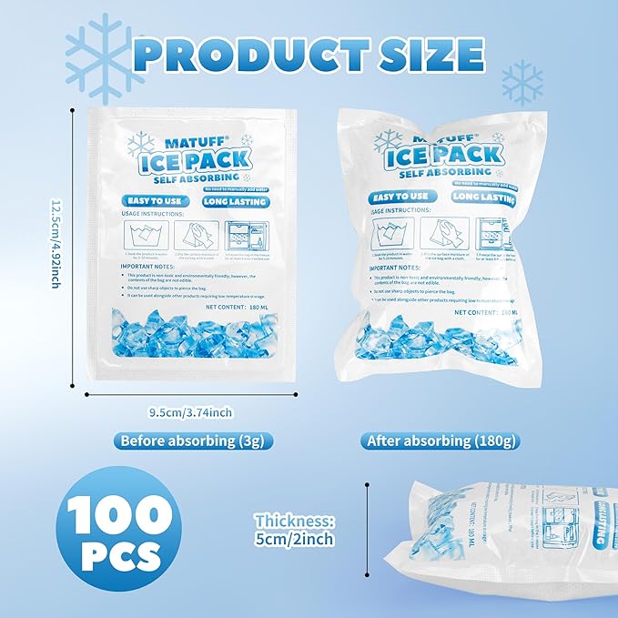 100 Pcs Reusable Ice Packs for Coolers (3.7''x4.9'') - Long-Lasting Gel Freezer Packs for Lunch Boxes, Shipping, Camping, Beach & Fishing | Keep Food/Drinks Fresh
