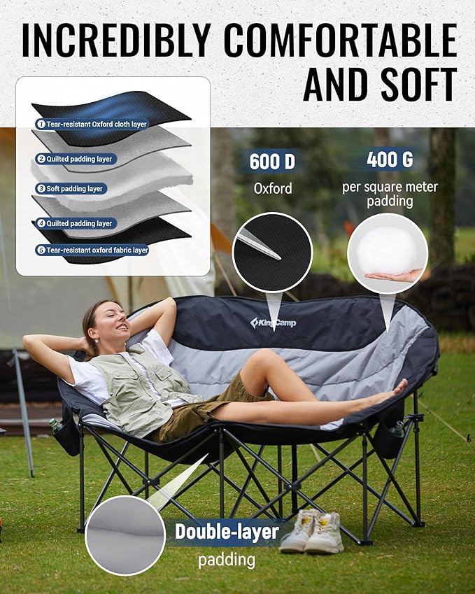 KingCamp Double Camping Chair, Oversized 660lbs Heavy Duty Loveseat for Adults Portable Folding XL 2 Person Moon Couch Padded Comfortable Two Seat with Cooler Bag for Outdoor Lawn, Saucer Chair