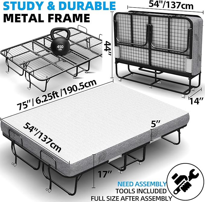 Folding Bed with Mattress 75 x 54 Full Size for Adults Rollaway Bed Fold Up Foldable Portable Extra Large Spare Guest Beds on Wheels for Home School Dorm Office Hospital