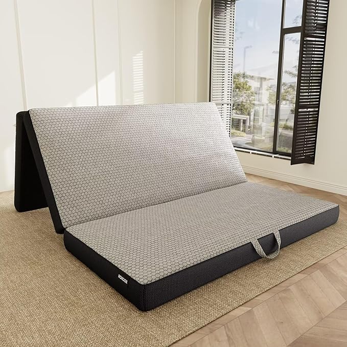 Memory Foam Trifold Mattress, Queen Portable Floor Bed 4 Inch, Foldable Mat with Washable Cover, Handle & Non-Slip Bottom, for RV, Travel, Camping, Yoga, 78"x58"x4", Grey