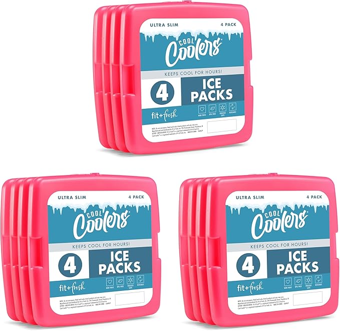 Cool Coolers by Fit + Fresh, Reusable & Long-Lasting Slim Ice Packs, Cold Packs for Cooler, Flat ice Packs for Lunch Bags. Cooler Accessories for Lunchboxes, Camping, Beach, Lunch, & Work, 12PK, Pink
