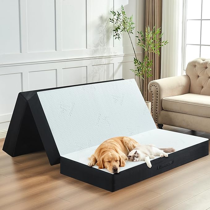 6 Inch Trifold Mattress, Queen Size Foldable Memory Foam Mattress with Viscose Derived from Bamboo Washable Cover, Folding Mattress Topper Floor Bed for Camping, Guest, RV, Ventilated