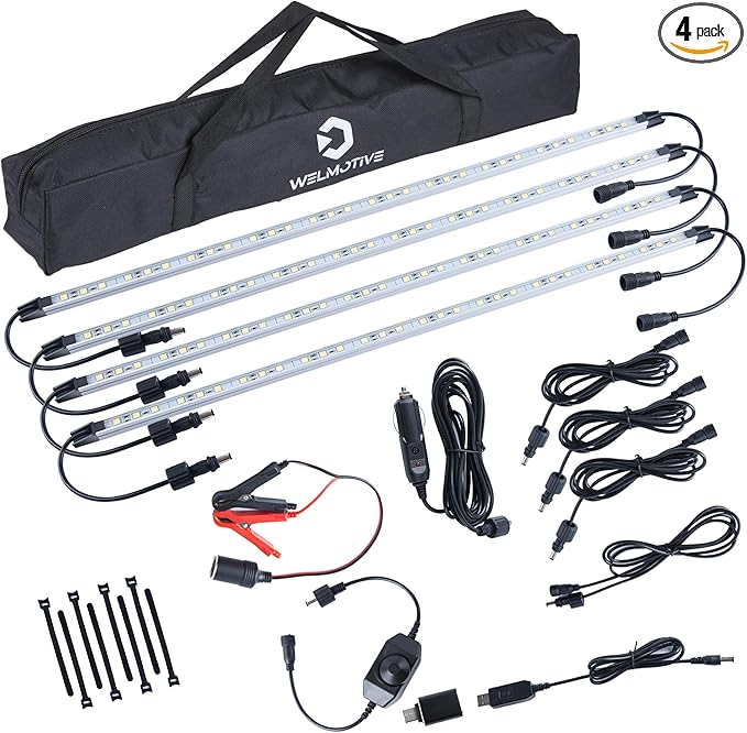 12V LED Interior Light Bar Kit, 4 Bars White Adjustable Brightness RV Camping Lights - Waterproof IP67, Magnetic & Velcro Mount, Portable Lighting for Tent, Car, Trailer, Boat, Truck, Off-Road, Cabin