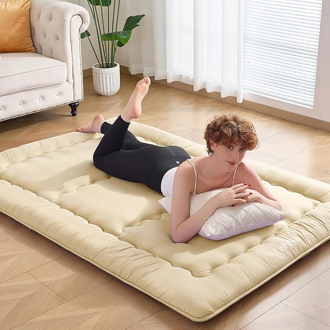 Japanese Floor Futon Mattress Full Size, 4" Thicken Foldable Mattress Tatami Mat Sleeping Pad, 25D Foam Filled Traditional Shiki Futon (shikibuton), Designed in Japan (Beige 54"x 80")