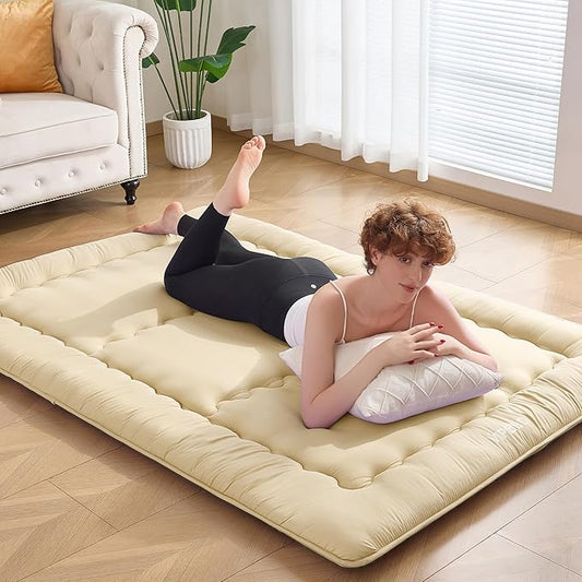 Japanese Floor Futon Mattress Full Size, 4" Thicken Foldable Mattress Tatami Mat Sleeping Pad, 25D Foam Filled Traditional Shiki Futon (shikibuton), Designed in Japan (Beige 54"x 80")