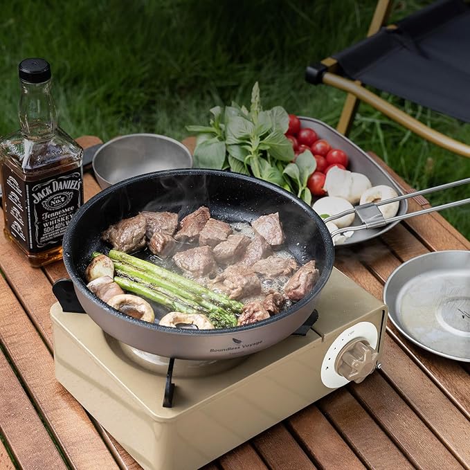 Boundless Voyage Titanium Non-Stick Frying Pan Outdoor Camping Skillet with Folding Handle Lightweight Campfire Cookware