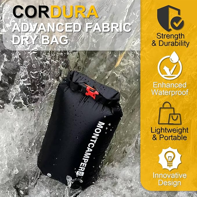 CORDURA Waterproof Dry Bag 5L – Heavy Duty IPX6 Roll Top Sack with Survival Whistle for Kayaking, Camping, Boating, Beach – Lightweight Dry Backpack (Black)
