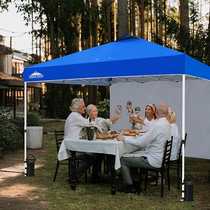 EAGLE PEAK Pop Up Canopy Tent with 1 Sidewall, Easy Setup Event Tent, Outdoor Sun Shade, Wheeled Carry Bag, Stakes and Guy Ropes, Instant Canopy 12x12, Blue