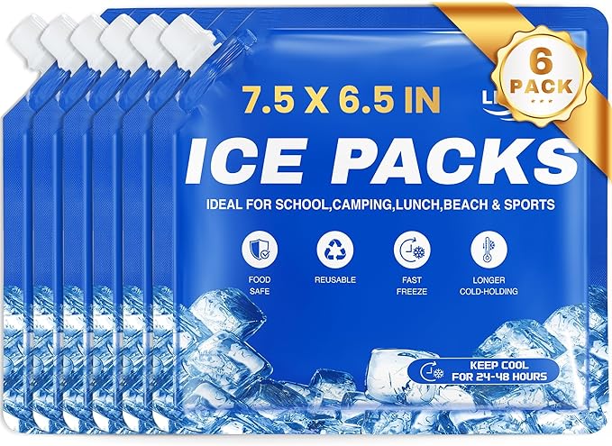 Ice Packs for Cooler 6Pcs 2025 Upgrades Freezer Lunch Boxes Reusable Coolers Shock Wheels Long Lasting Dry Pack Large Cold Blocks Accessories Cubes Slim Box Flat Camping Essentials 7.5x6.5 In