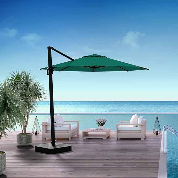 Midtown Umbrellas 10 Ft Outdoor Cantilever Patio Umbrella w/Sunbrella Canvas Teal Fabric - 360° Rotate Offset Patio Umbrella, Deck Patio Umbrella, Backyard Umbrella & Garden Umbrella - Black Frame
