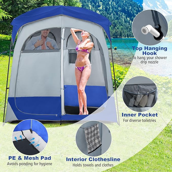 LDAILY Camping Shower Tent, 2 Room Instant Privacy Tent with Floor, Removable Rain Cover, Mesh Window, Inside Pocket and Clothesline, Portable Changing Room for Outdoor Toilet, Dressing