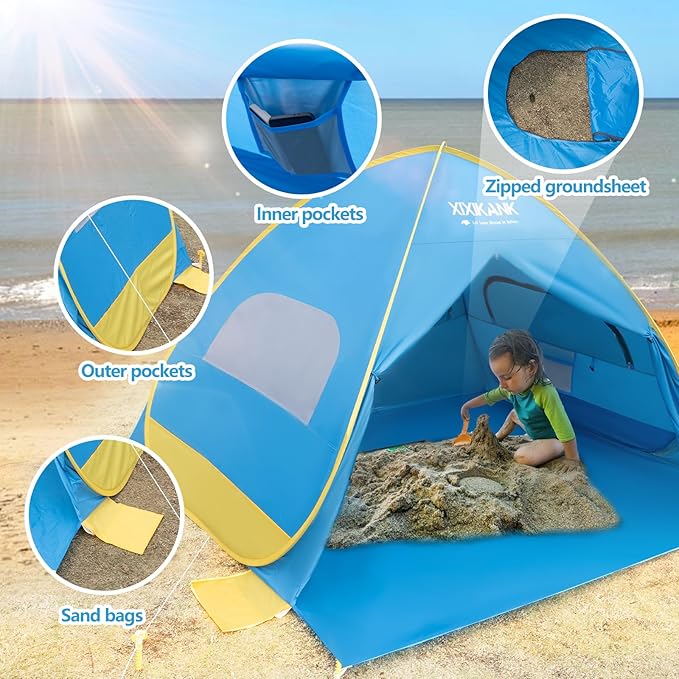 2 Second Easy Setup Pop Up Beach Tent for 2-3 Person,UPF 50+ UV Protection Beach Shade,Wind Resistant Sun Protection Family Sun Shelter,Portable Lightweight Cabana Canopy with Handy Carry Bag