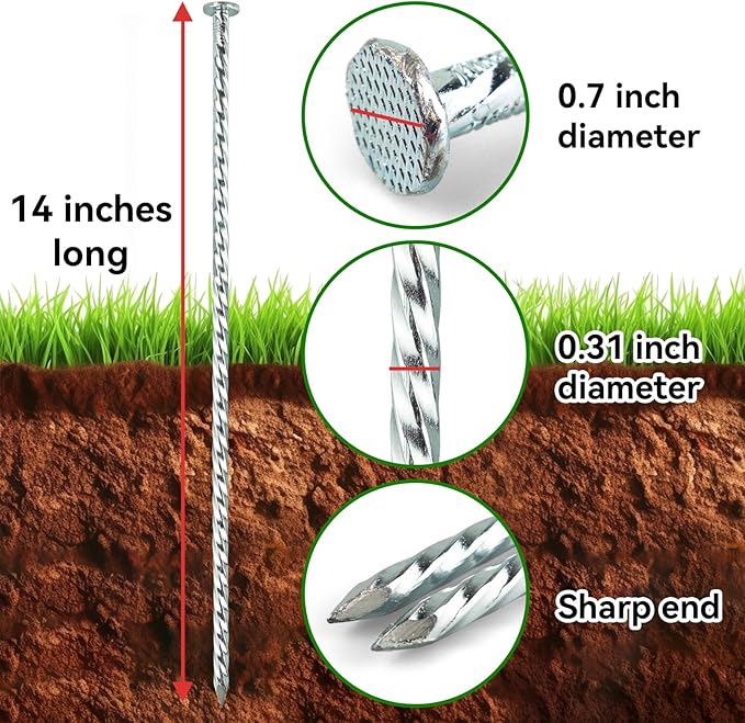 Extra-Long 14 Inch Spiral Landscape Stakes - Heavy Duty Solid Metal Anchors Spikes for Paver Edging, Weed Barrier, Trap, Tent and More (20 Counts)