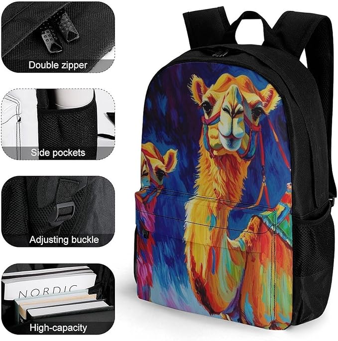 Daypack Bookbag Multipurpose Anti-Theft Big Capacity Carry On Bag, Camel Watercolor Travel Hiking Camping Rucksack With Padded Straps