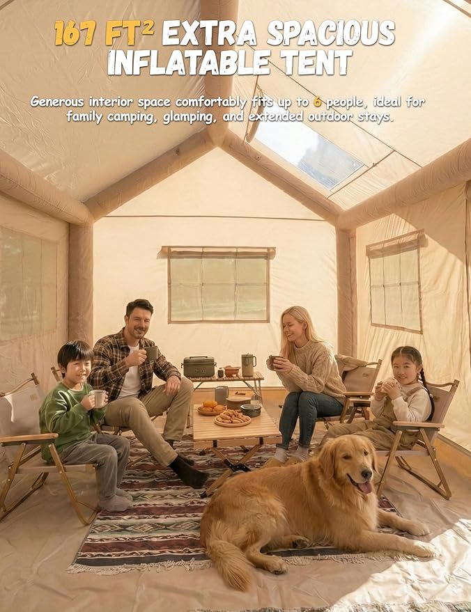Luxury Glamping Inflatable Tent House for 6-8 Person, 118"x158" XL Awning, 6.3" Extra Thick Air Beams (Stronger Than 5"), Heavy Duty Waterproof Oxford, Fast Setup Camping Tent with Pump & Bag