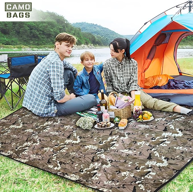 Outdoor Packable Camo Blanket - 1000D Polyester Interior & RIPSTOP Fabric Exterior Blanket with Adjustable & Removable Carrying Strap - Front, Back Storage Pocket - Ideal for Camping & Outdoor Use