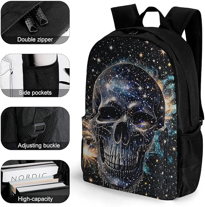 Men Women Lightweight Magical Machine Skull Art Casual Daypack Big Capacity Bookbag With Padded Straps for Gym Travel Walking Cycling