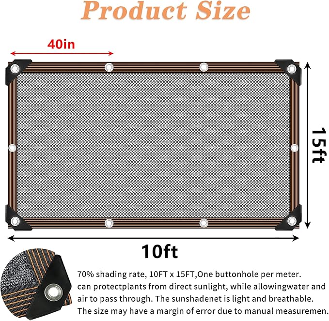 QLOFEI 60-70% Shade Cloth with Grommets, Sunblock Shade Sail Mesh Tarp for Plant Greenhouse, Easy to Hang Shade Cloth for Patio Kennel Chicken Coop Lawn Garden Shade Neting Cover, 10x14 FT