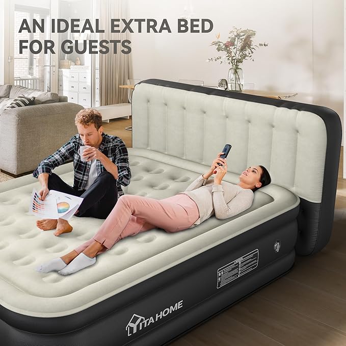 YITAHOME 18'' Flocked Top Queen Air Mattress with Built-in Pump and Headboard, Durable Inflatable Bed, Blow-Up Mattress for Indoor and Outdoor Use, Black