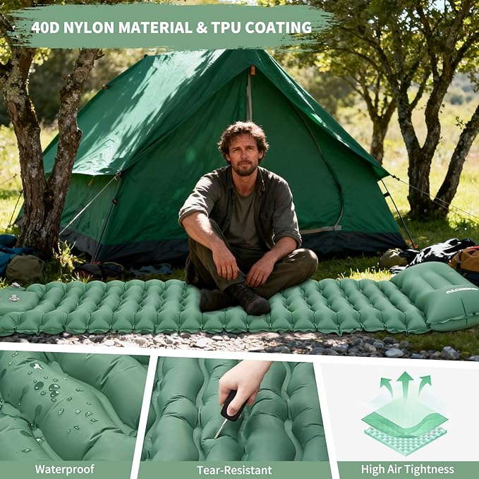 Camping Sleeping Pad, Connectable Design for Double Mat, Ultralight Inflatable Sleeping Mat with Pillow, Built-in Foot Pump, Portable Camping Air Mattress for Backpacking Hiking Tent (Green)