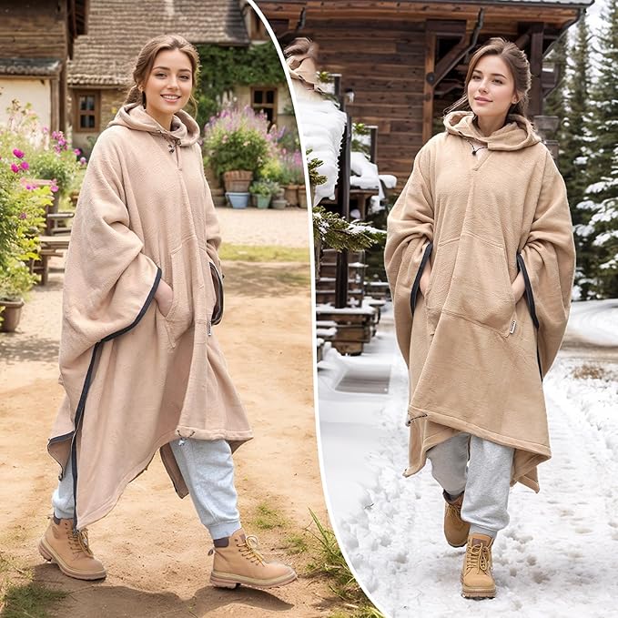 Outdoor Camping Blanket, Poncho Wearable Pocket Blankets, 74.5 in * 63 in, Warm, Comfy, Durable & Portable, Machine Washable, for Stadium, Concerts, Car Travel, Sports, Hiking, Sofa. (Khaki)