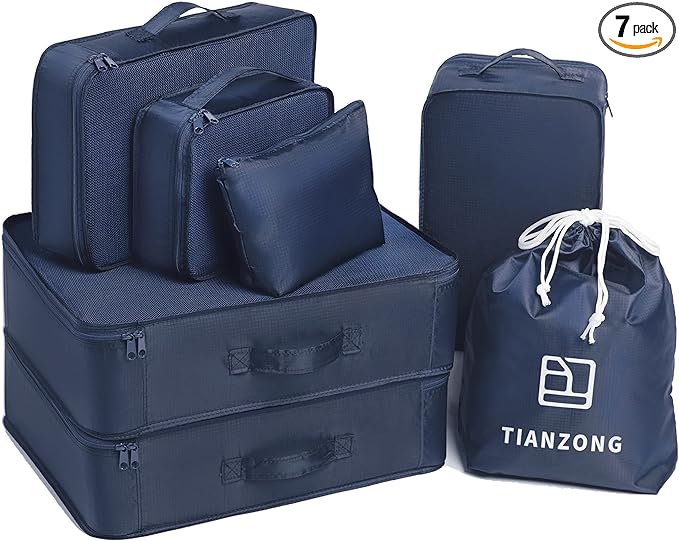 tianzong 7-piece Set Packing Cubes, Travel Bags for Luggage, Packing Organizers with Shoe Bag (Navy Blue)