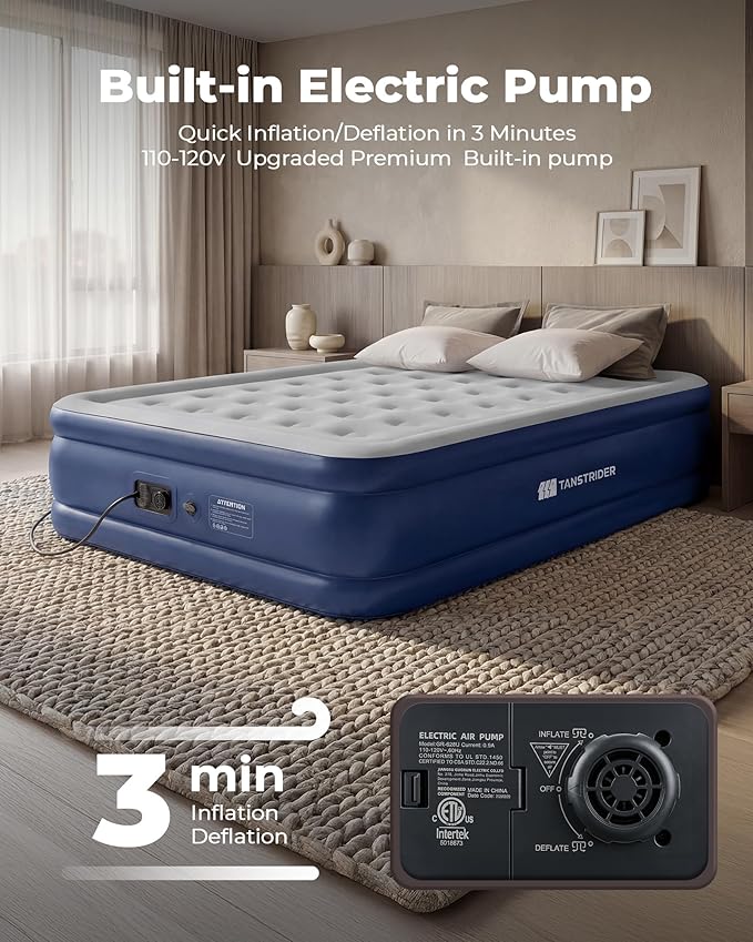 Queen Air Mattress with Built in Pump,18" Raised Blow up Air Bed,3 Mins Quick Self-Inflation/Deflation, Inflatable Mattress for Camping/Home/Guests/Travel (Navy Blue)