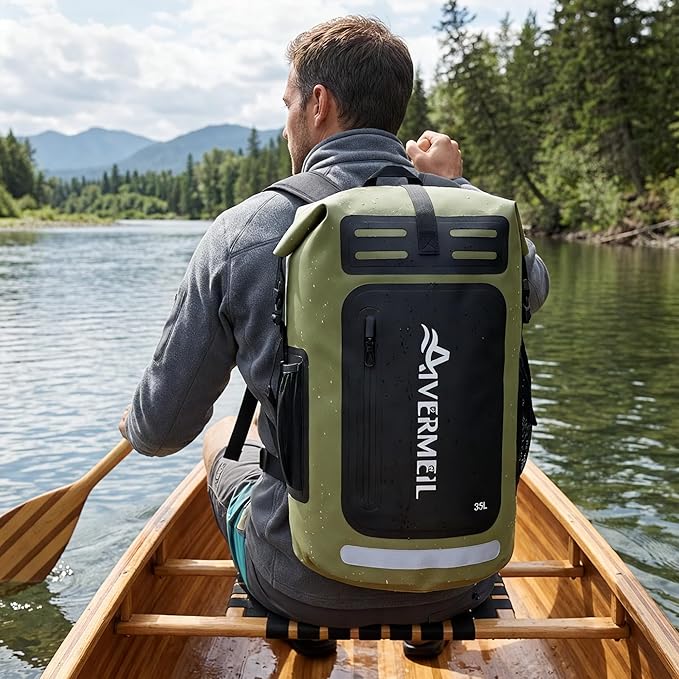 Dry Bag 35L for Men & Women Roll-Top Hiking Backpack with IPX8 Waterproof Phone Case & Detachable Mini Backpack for Kayaking Boating Cushioned Padded Back Green