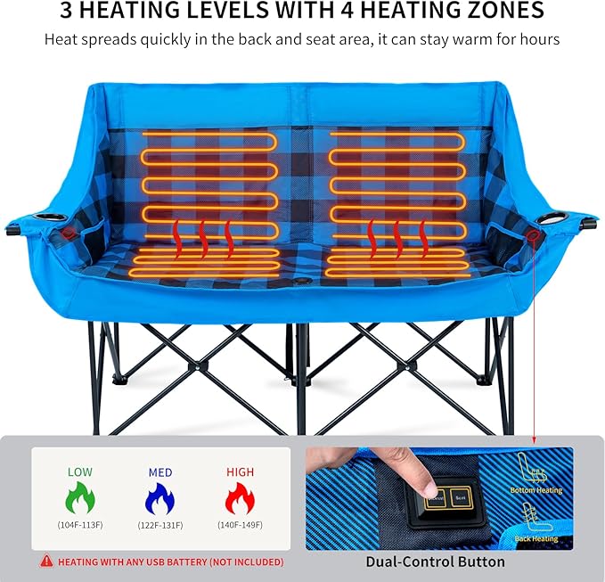 DoCred Heated Double Camping Chair, Folding 2 Person Camping Chairs Loveseat Outdoor Sports,Heated Oversized Lawn Chairs for Adults,Heating Camp Chair with 3 Heat Levels, Battery NOT Included