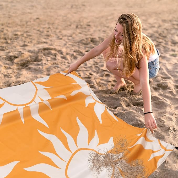 Large Beach Blanket Waterproof Sandproof, 9×10 FT Beach Mat Sand Free for 2-8 Adult with Stakes and Sand Pocket, Foldable Picnic Blankets for Outdoor, Camping Hiking, Vacation Essentials-Boho Sun Rise