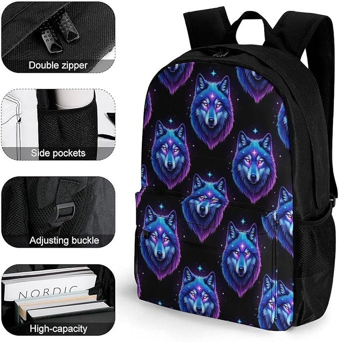 Versatile Polyester Backpack with Large Capacity for Business and Casual Activities, Wolf Galaxy Tavel Hiking Camping