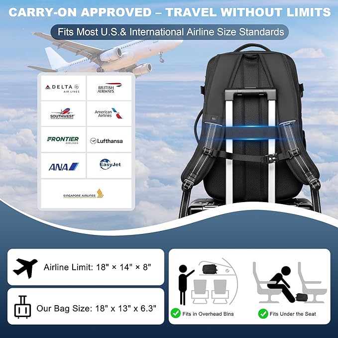 Vacuum Backpack Travel – Expandable Compression Carry On Backpack with Vacuum Pump, Water-Resistant TSA Lock Travel Bag, 17" Laptop Backpack for Men Women, Business Airplane Flight Luggage, Black