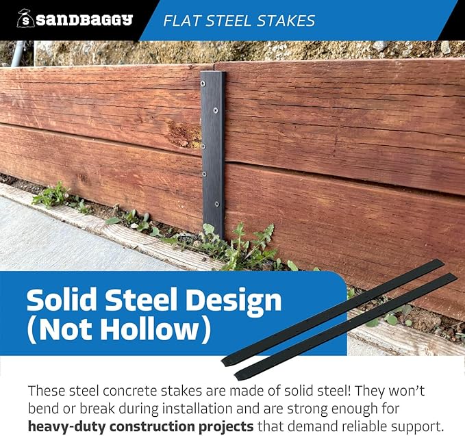Sandbaggy Flat Steel Stakes for Concrete Forms with Nail Holes - 1.5" Wide - Painted - Removable, Reusable, V Point End - Construction Grade Stakes (10, 30 inch)