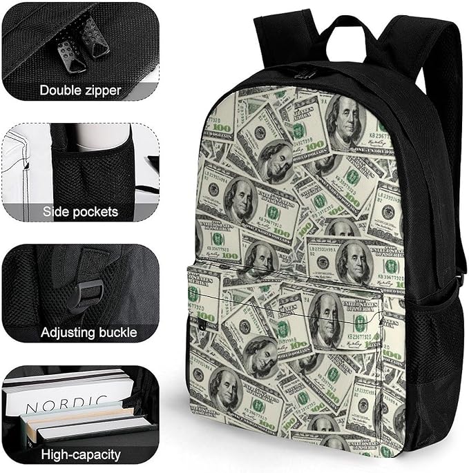 Lightweight Rucksacks for Climbing Outdoors Walking Cycling, Large Capacity Anti-Theft Multipurpose Carry On Bag, Cool Usa Dollar Bill Camping Outdoor Backpack