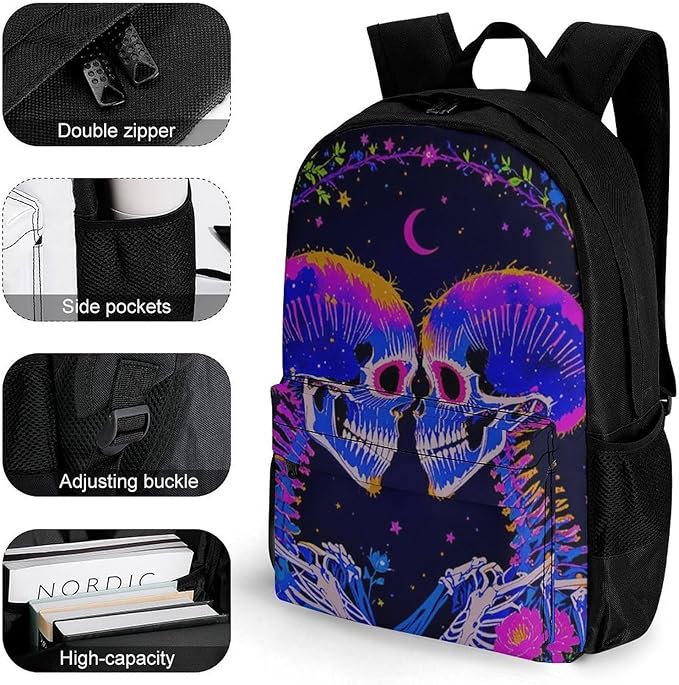 Rucksack Anti-Theft Multipurpose Big Capacity Carry On Bag, Psychedelic Skeleton Love Art Traveling Camping Backpack With Side Pockets