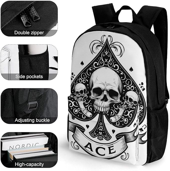 Backpack Anti-Theft Multipurpose Large Capacity Carry On Bag, Ace Spades Skulls Grunge Vintage Art Camping Outdoor Backpack With Side Pockets