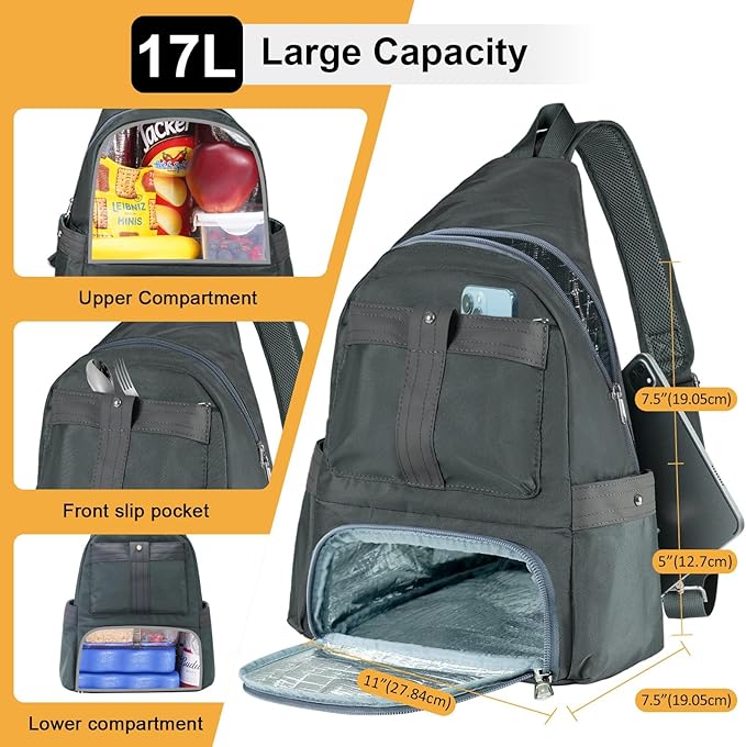 Crossbody Lunch Backpack, Double Deck Insulated Lunch Box for Men Women Adult, Leakproof Lunchbox with Side Pokets for iPad, Large Cooler Bag for Work Office Hiking Beach Picnic, Grey