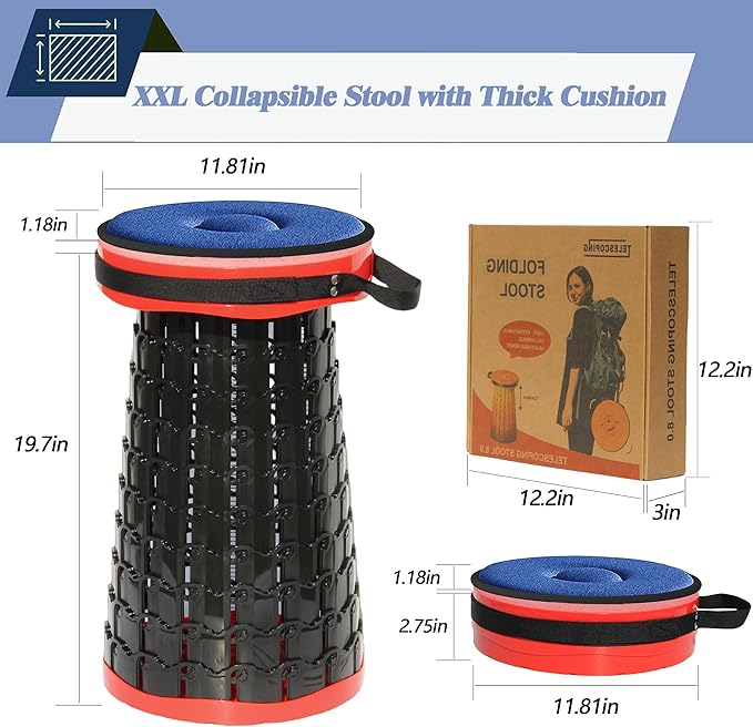 ALEVMOOM Higher 19.7" D 11.8" XXL Collapsible Stool with Cushion, Portable Telescoping More Sturdy Load Capacity 1000Lbs,Retractable Adjustable Camping Folding Stool for Outdoor Hiking BBQ