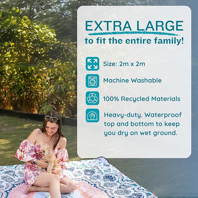 Nakie Picnic Blanket - Extra Large, Waterproof, Machine Washable, Easy Storage. Perfect for Camping, Picnics & Outdoor, Children by The Beach or Playing with Dog, 2m x 2m cm (Sound of Summer)