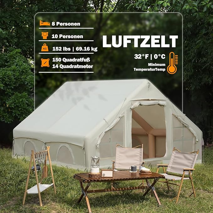 Inflatable Camping Tent, Glamping Inflatable Tent for Camping, 4 Season Water&Windproof Outdoor Oxford Blow Up Cabin Tent with Mesh Windows & Doors for 4-8 People Camping