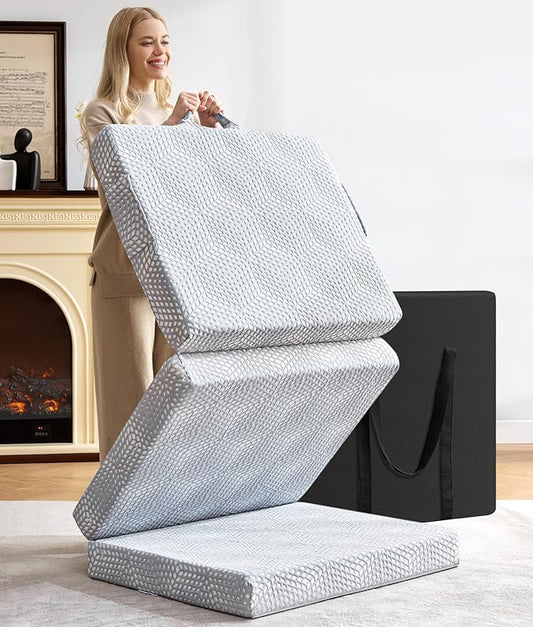 BDEUS Memory Foam Folding Mattress 4 Inch Twin Size with Protable Storage Bag, Trifold Mattress Topper Soft Guest Bed Floor Mat for Kids Camping Road Trip, Gray, 38 x 75 Inch