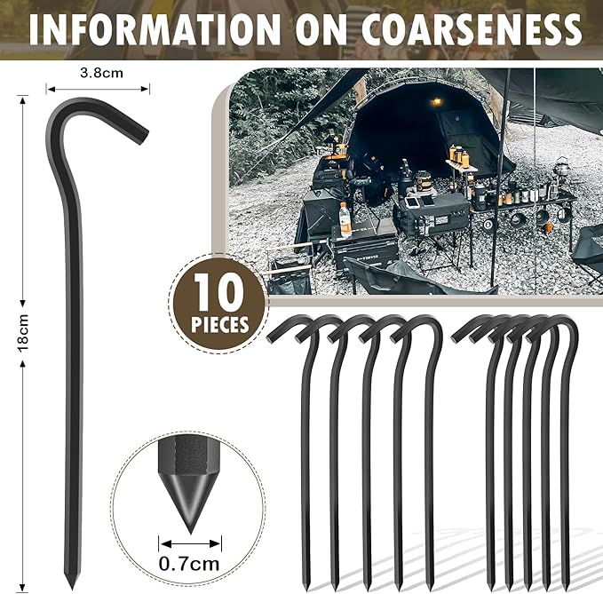 10Pcs Metal Tent Pegs with Hooks. 7 inches Durable Garden Stake Ground Anchors Awning Metal Hooks. Heavy Duty, Waterproof & rustproof, Ideal for Camping, Yard Decor, Picnic & tarp(Black)