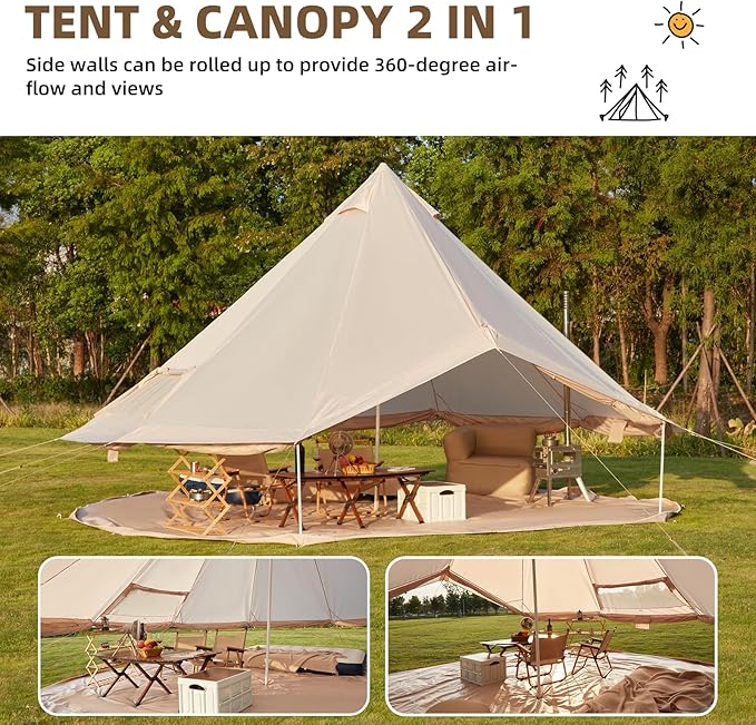 Bell Tent for Family Camping, 9.8/13.1/16.4 FT Yurt Tent with Stove Jack, 4 Season Oxford Tents for Outdoor Party, Hot Tent Shelter Fits 3-4 People