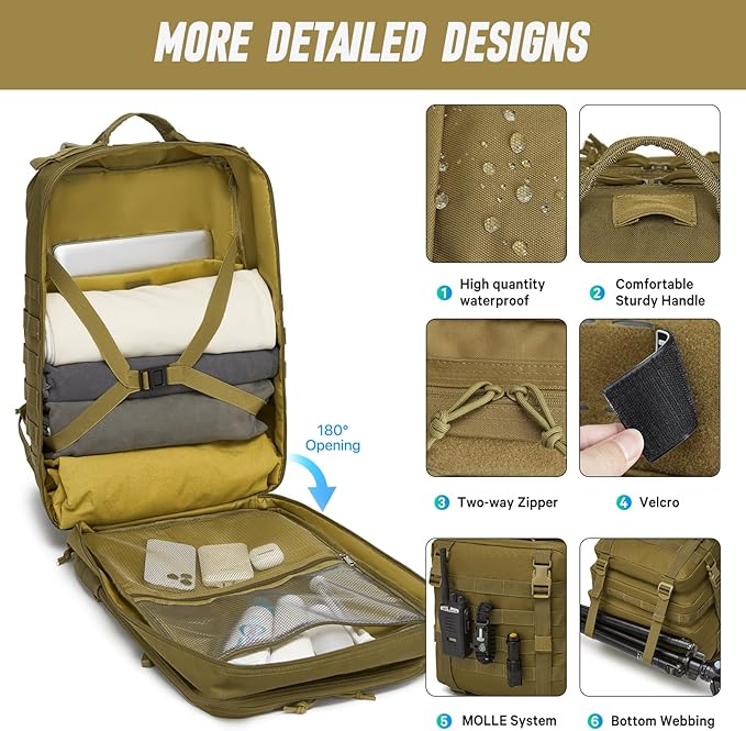Tactical Backpack for Men, Water Resistant 46L Military Backpack, Large Army 3 Day Assault Pack for Hiking, Camping, Gym with Molle System, Khaki
