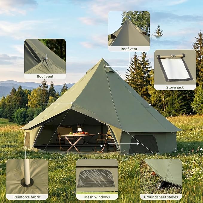 Bell Tent for Family Camping, 9.8/13.1/16.4 FT Yurt Tent with Stove Jack, 4 Season Oxford Tents for Outdoor Party, Hot Tent Shelter Fits 3-4 People