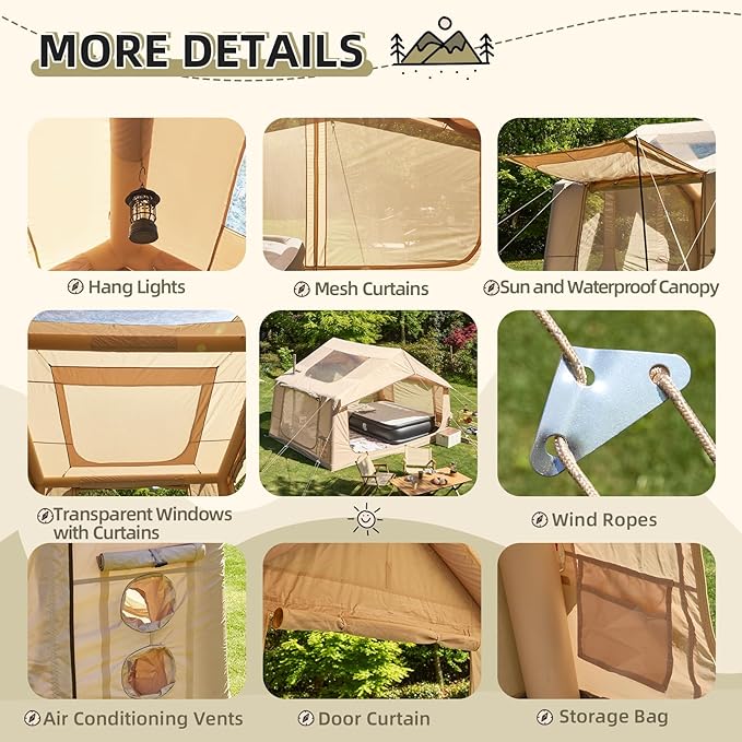 EROMMY 4/6/8/12 Person Inflatable Tent with Skylight, 4 Season Blow Up Tents with Hand Pump for Outdoor Camping & Hiking, Easy Set-up Windproof Sunproof Waterproof